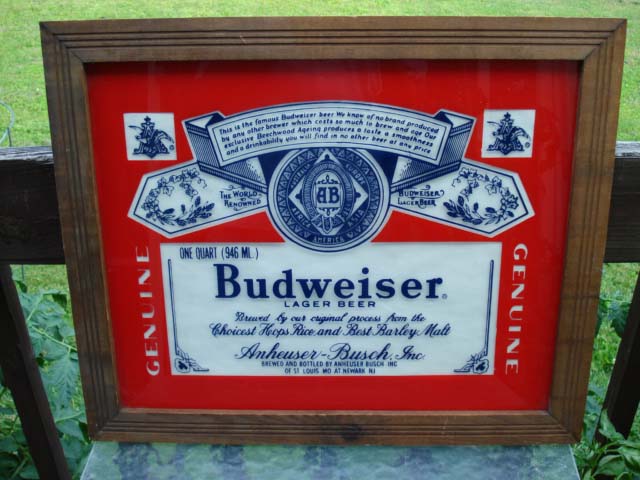Gigantic Budweiser Beer framed reverse painted glass sign For Sale at R-Kade Games in Western Massachusetts