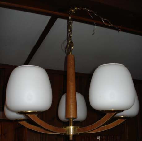 Lightolier teak, brass Chandelier with 5 white frosted shades  For Sale