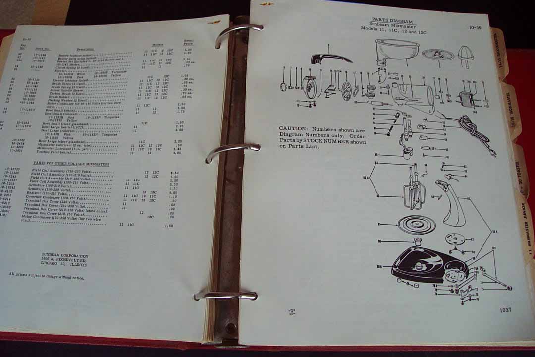 Sunbeam Mixmaster Model 11, 11C, 12 and 12C Service Info - vintage Sunbeam Service Manual at R-Kade in Massachusetts, USA